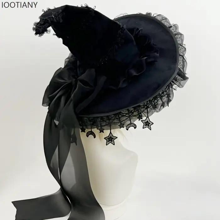 IOOTIANY Harajuku Halloween chapeau de sorcière pour femmes gothique à la main papillon perle gland dentelle Rose