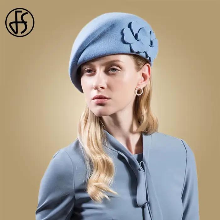 FS Vintage noir béret français 100% laine chapeau pour femmes rouge rose fleur Fedora hiver feutre dames église chapeaux Chepeau Feminino