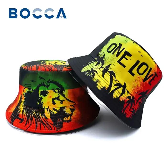 Bocca Rasta Lion seau chapeau un amour impression motif pêcheur chapeaux localisation conception Double côtés Panama casquette extérieur crème solaire