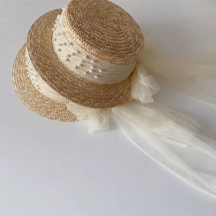 Chapeau de paille d'été élégant en dentelle et perles pour mère et fille, protection solaire, occaSIONS SPECIALES
