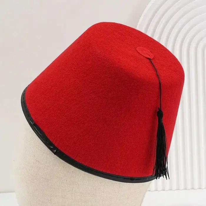 Chapeau Fez Traditionnel en Feutre Rond Rouge Respirant avec Pompons Turcs – Taille Universelle