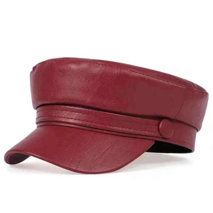 Casquette militaire en cuir de couleur unie