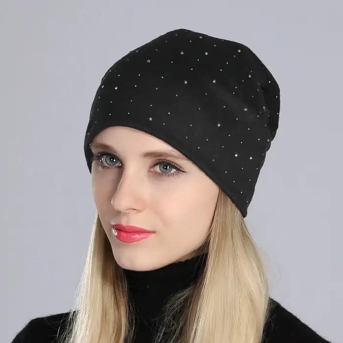 Geebro Bonnet femme avec strass dames printemps couleur unie coton tricoté bonnets amples