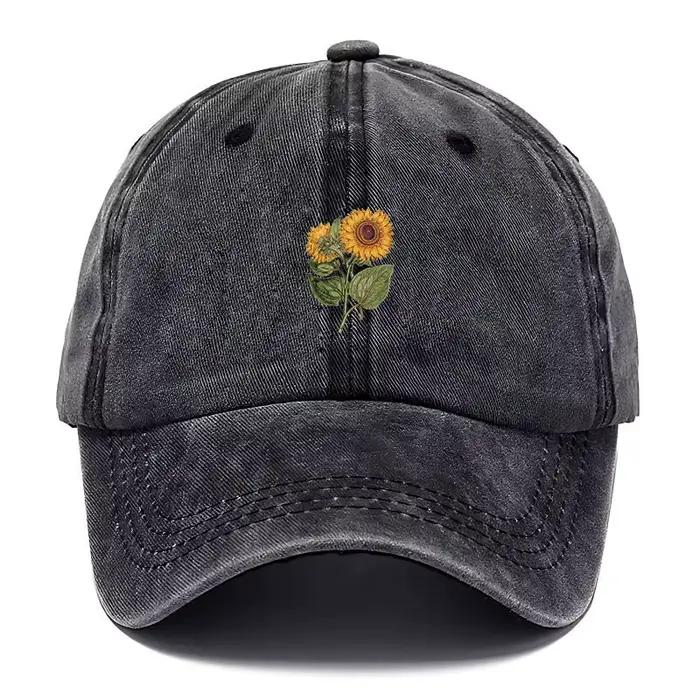 Casquette Snapback Tendance Broderie Tournesol Coton Délavé Vintage Réglable Unisexe Hip Hop Streetwear Chapeau d'Extérieur Cadeau