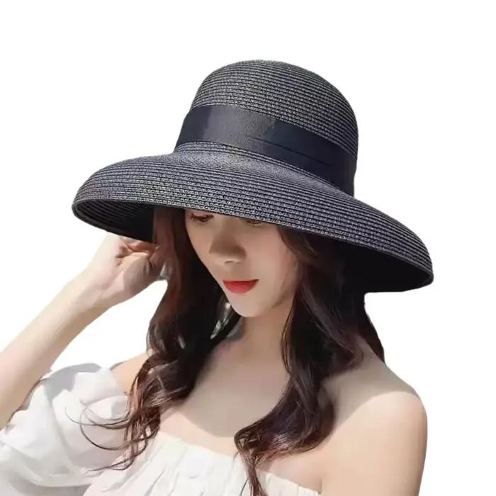 Chapeau de paille vintage français noir à ruban pour femme