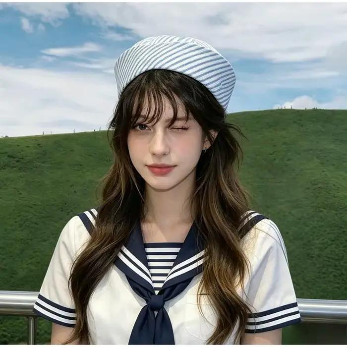Béret octogonal marin mignon pour femme chapeau de soleil léger d'été casquette de marin à bord retroussé vintage pour la plage et la mode streetwear années 50 six couleurs différentes