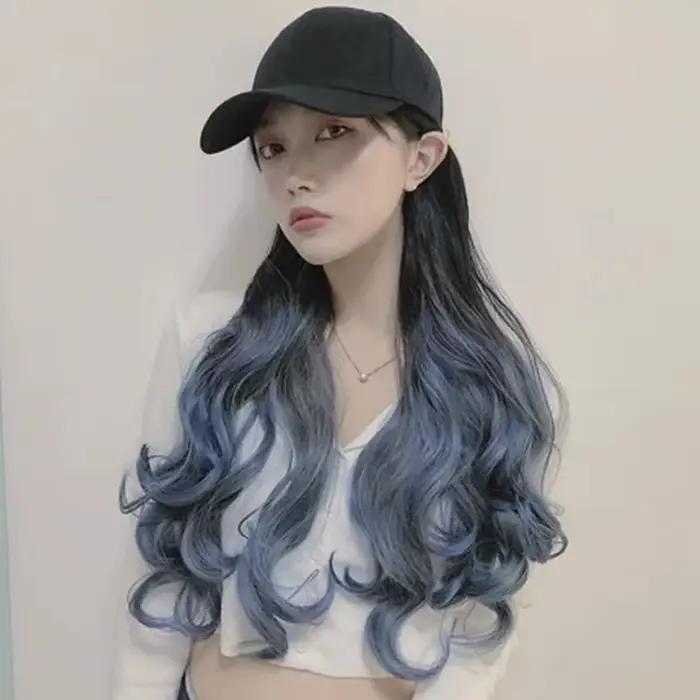 Casquette de baseball avec cheveux longs et bouclés style sport bleu brume multifonction pour femmes occasions spéciales