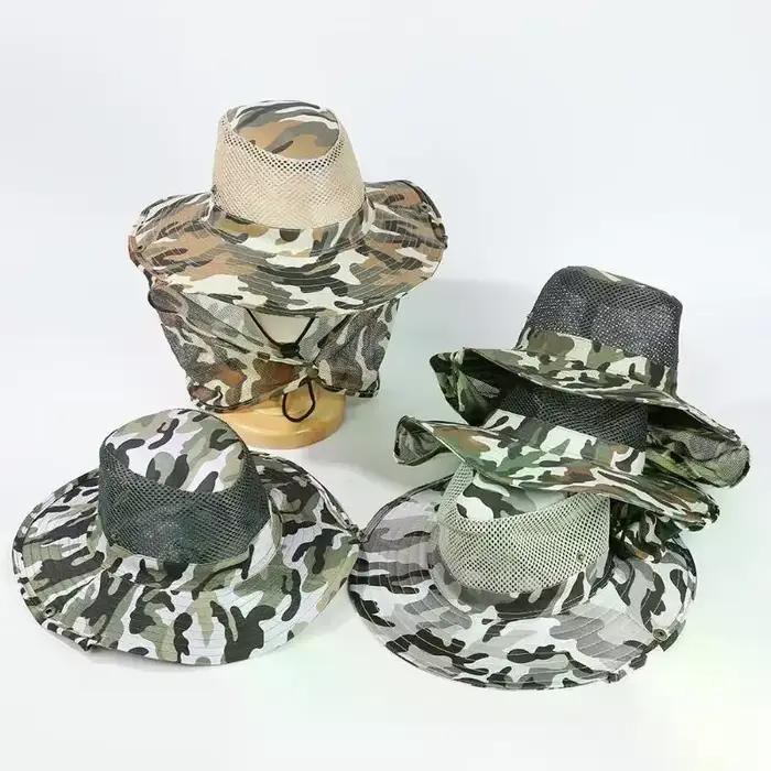 Chapeau de pêche d'extérieur à large bord pour homme, respirant, en maille, casquette de pêche, chapeau de plage, camouflage, protection solaire UV, chapeau pare-soleil