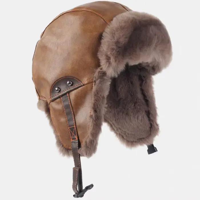 Chapeau d'hiver en faux fourrure et simili cuir style bomber pour homme et femme occassions hiver activités de plein air trappeur russe ushanka