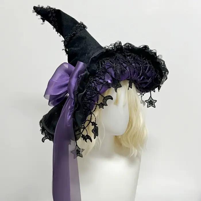 Chapeau de sorcière gothique en dentelle polaire avec nœud papillon pour enfants et adultes occasions spéciales Halloween cosplay princesses magiciennes