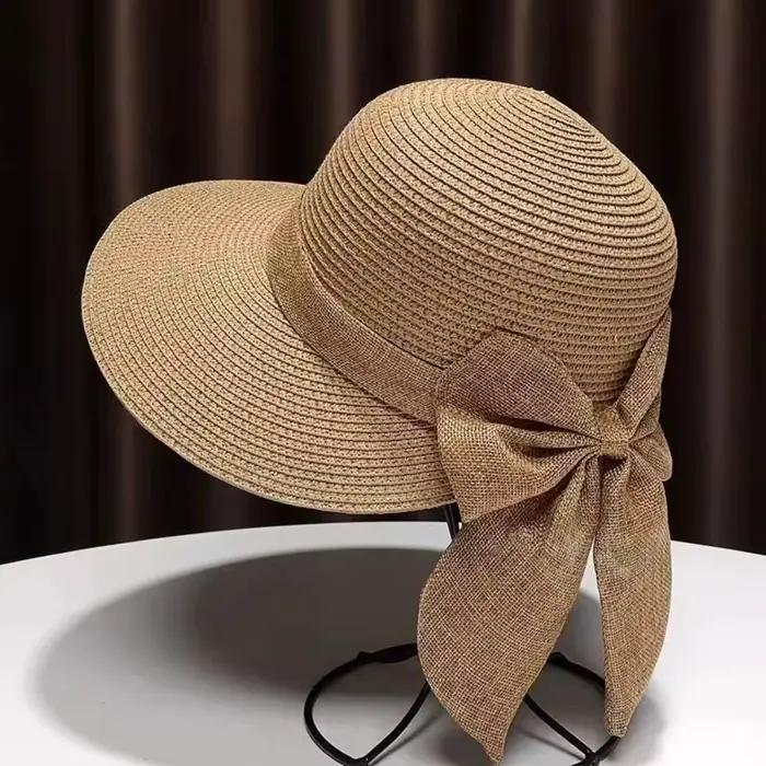 Chapeau de soleil à nœuds papillons pour femmes, paille, beige khaki, protection UV, bord large, style sport décontracté pour l'été