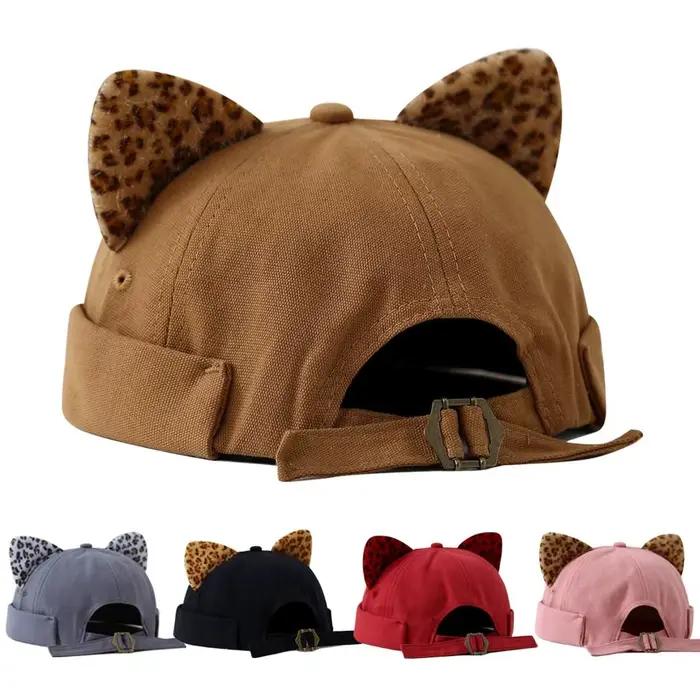 Casquette Docker Melon Hip Hop à Oreilles de Chat Imprimé Léopard