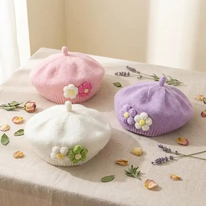 Béret pour bébé fille, bonnet tricoté à fleurs 3D