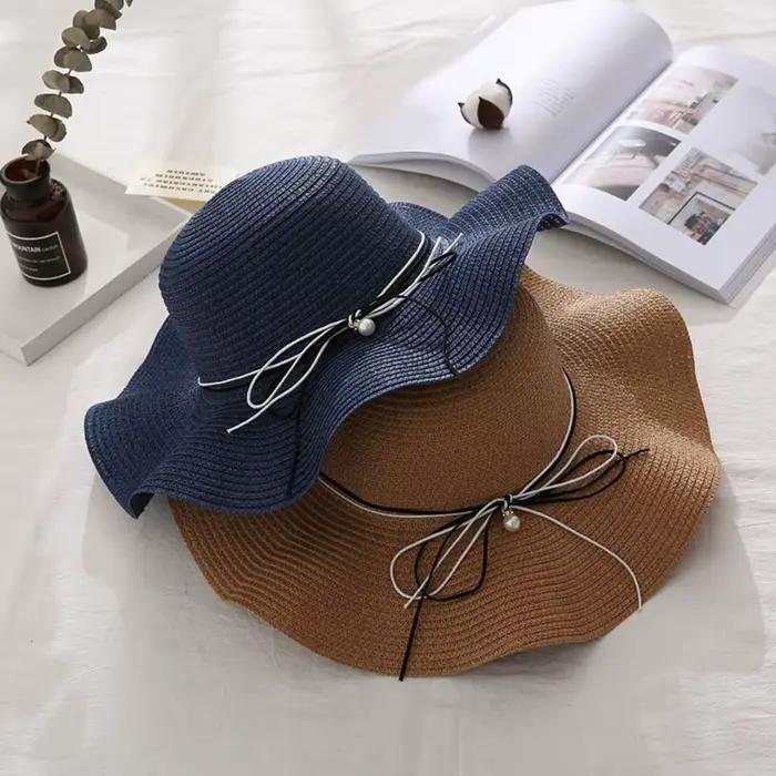 Chapeau de paille pliable style français avec perles
