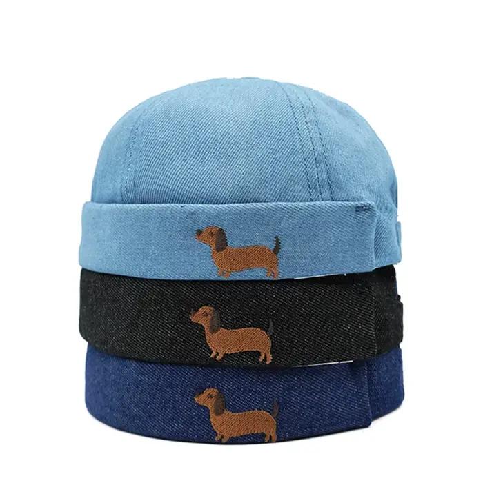 Bocca dessin animé chien broderie Docker casquette sans bords casquettes sans visière Denim réglable chapeau chapeaux hommes femmes mode rue en plein air