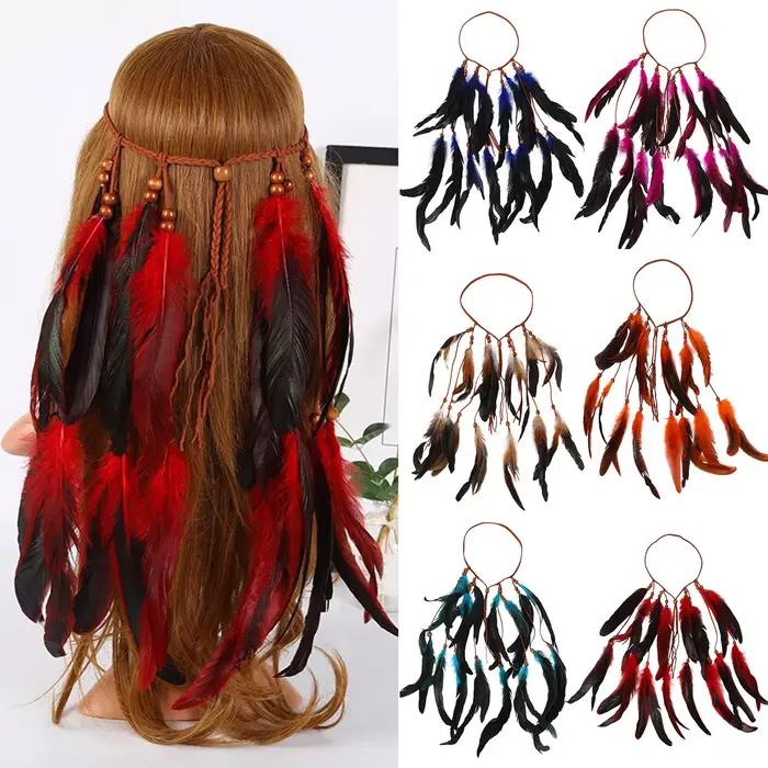 Bohème femmes bandeau Vintage Hippie plume coiffure casque pour dames filles indien ethnique bandeaux cheveux accessoires