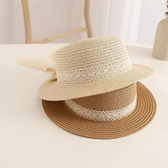 Chapeau de paille à large bord avec manchettes en dentelle pour enfant 3-6 ans été printemps occassions spéciales plage parc piscine