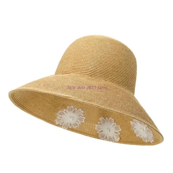 Chapeau en raphia à larges bords à mode 49ME avec design en dentelle complexe