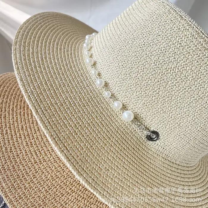 Chapeau de bateau en paille avec chaîne de perles pour femmes
