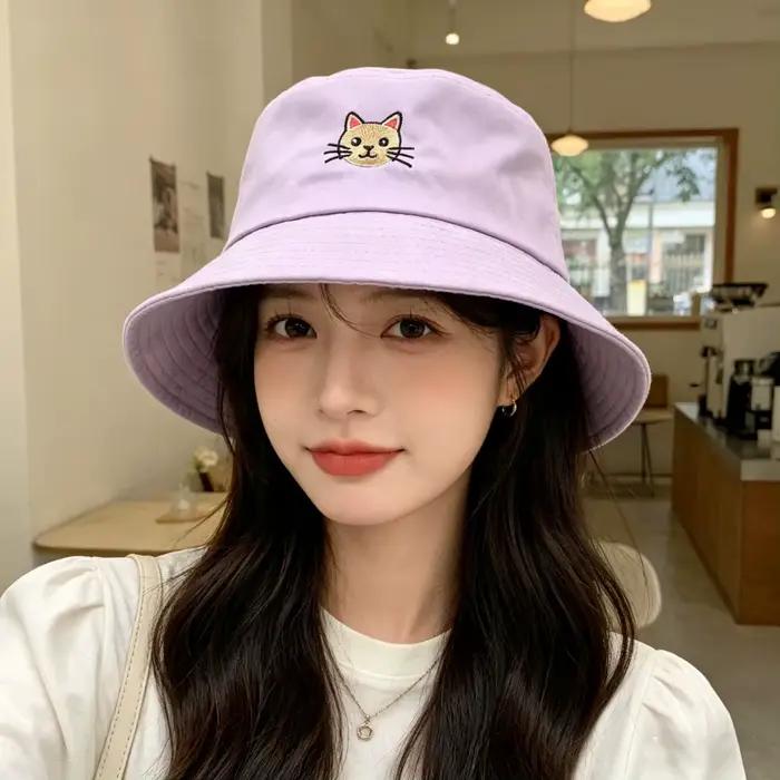 Chapeau de pêcheur brodé motif chat mignon style coréen polyester anti-uv sport pour femme usage quotidien protection solaireextérieur