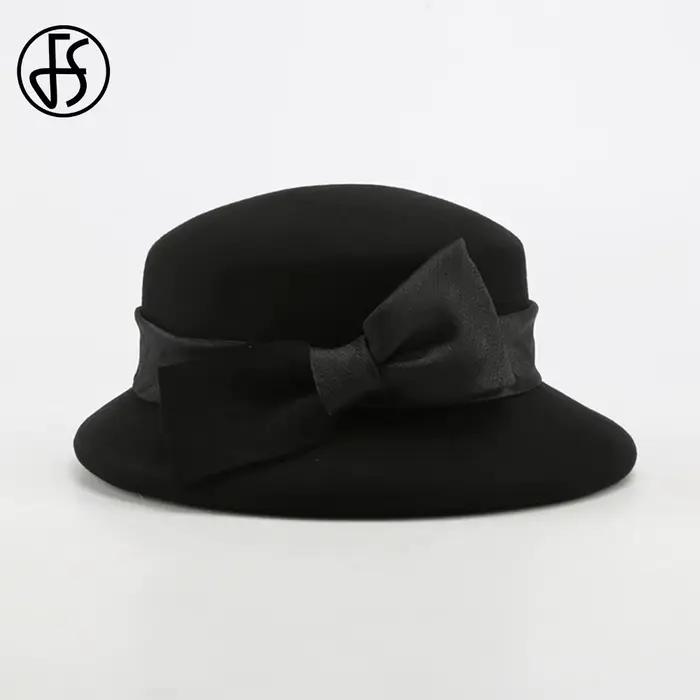 Fedoras en feutre de laine pour femmes avec nœud papillon