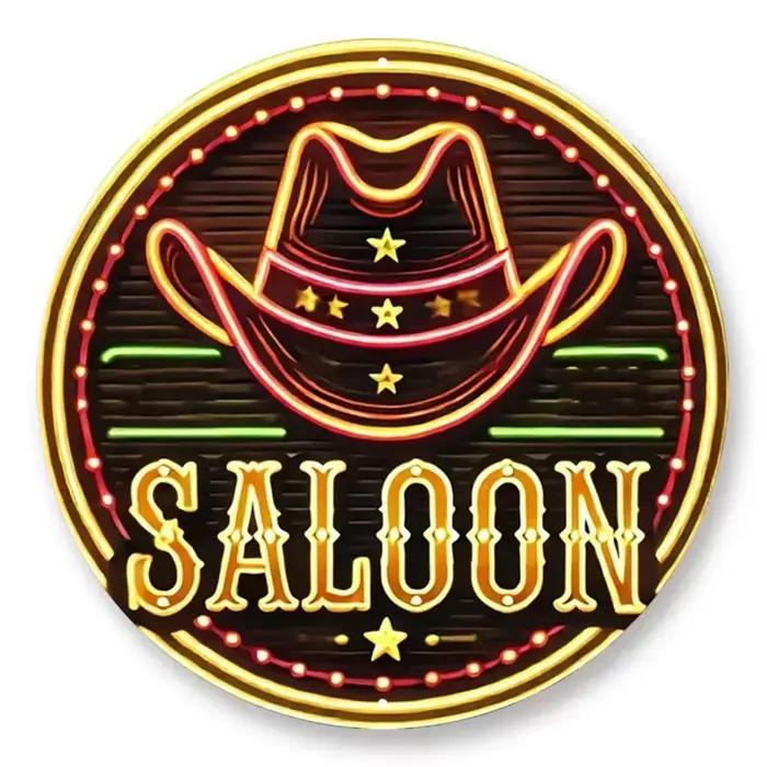 Panneau métallique rond style néon Chapeau de cowboy western