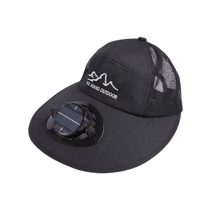 Chapeau de pêche avec ventilateur pour homme et femme protection solaire extérieure en toile coton polyester couleur noir gris foncé et clair style moderne fraicheur été activités de plein air