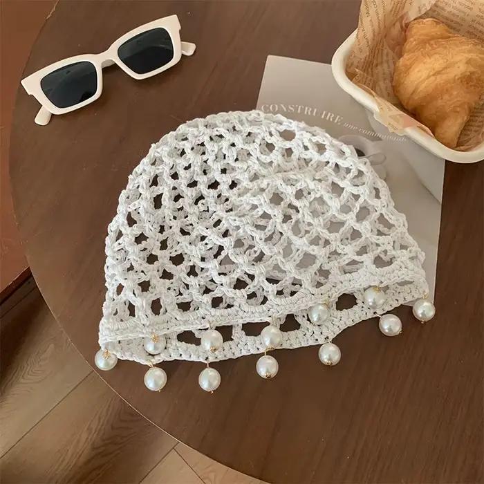 Chapeau tricoté à la main avec perles creuses pour femme, polyester, design bohème, respirant et portable, idéal pour vacances et sorties décontractées