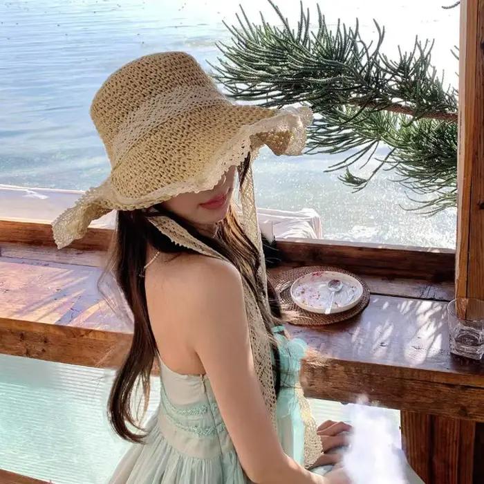 Chapeau de paille à large bord en dentelle pour femme