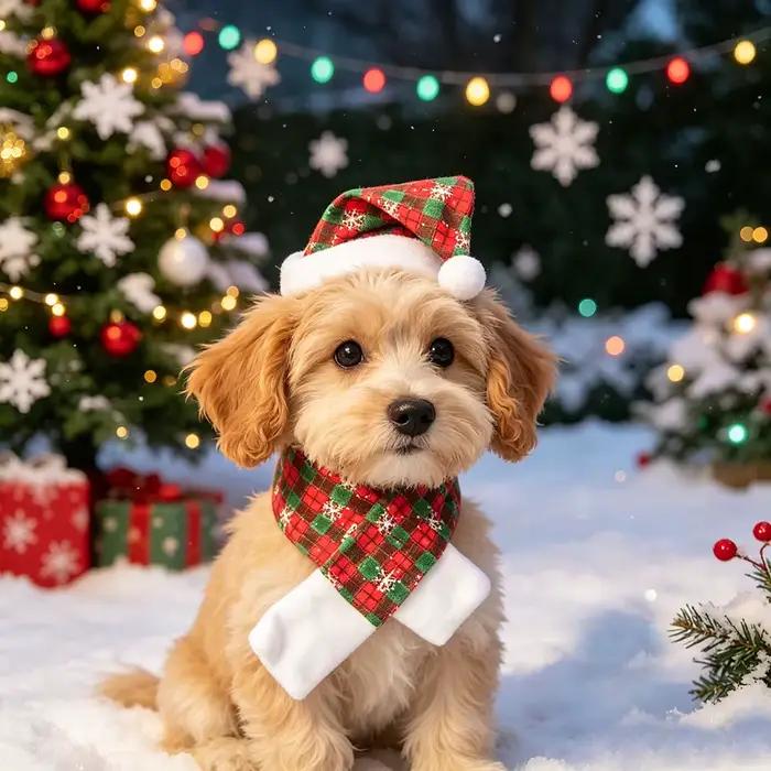 1 ensemble de chapeau de Père Noël pour chien avec boule blanche et écharpe