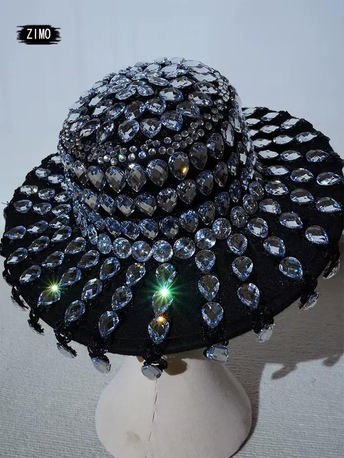 Strass nouveaux hommes Jazz noir chapeau fête scène Performance ajustement Photo Shoot porter célébration spectacle glisser reine Rave