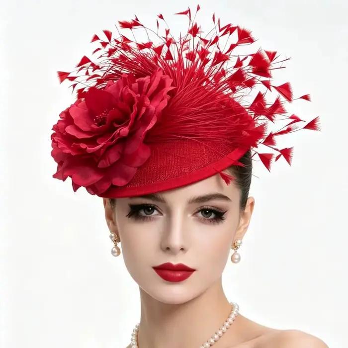 Chapeau Ascot élégant pour femme avec plumes et motifs floraux barrette à cheveux circulaire style américain pour mariages et fêtes