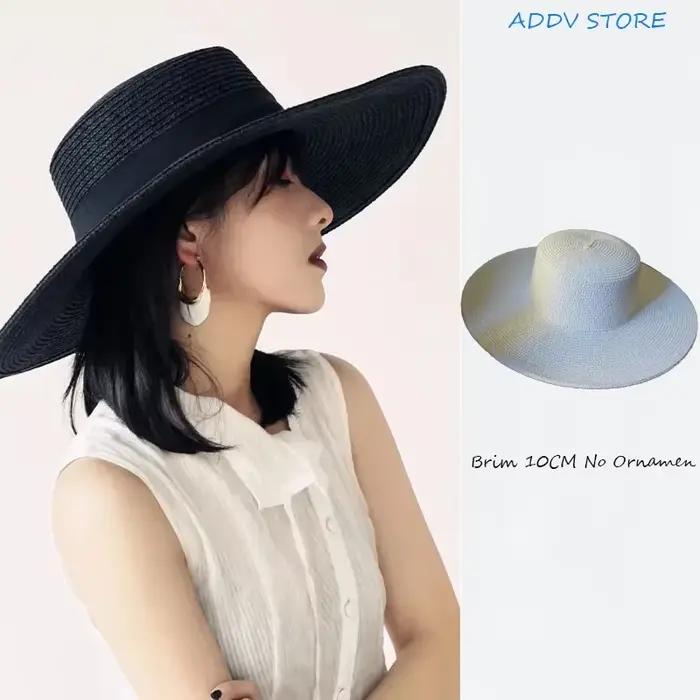 Chapeau de paille noir INS haut de forme pour femmes grande protection solaire plage été occassions spéciales