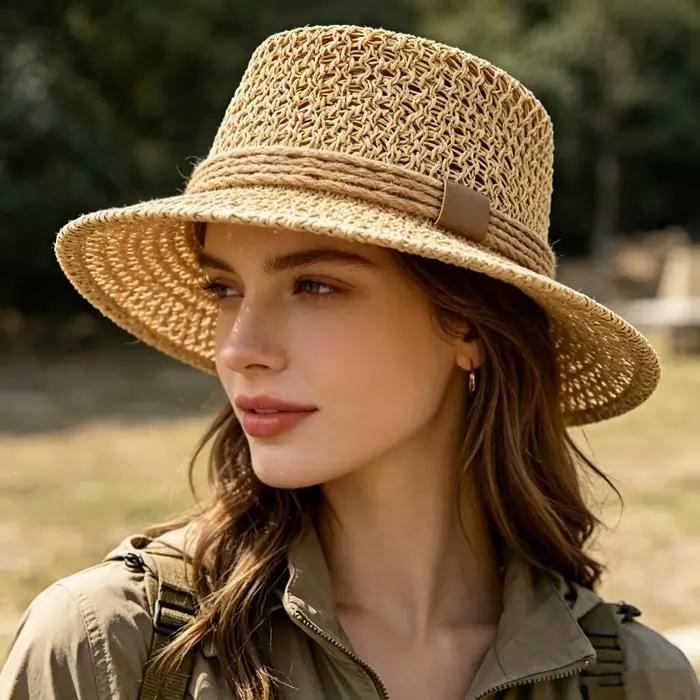 Chapeau de paille rétro coréen ajouré à dessus plat pour femme