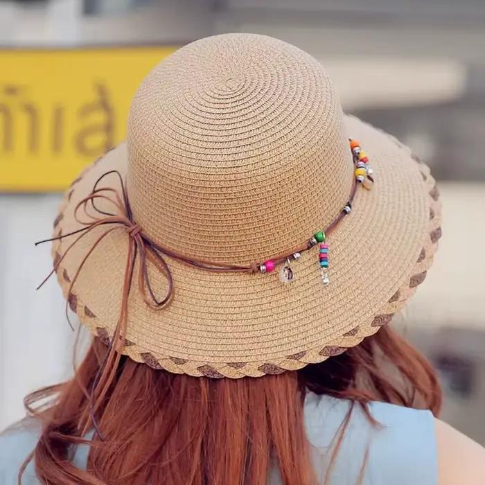Chapeau de paille bohème style western avec lanière perlée bord large pliable pour femmes printemps été plage voyages chapeau de soleil