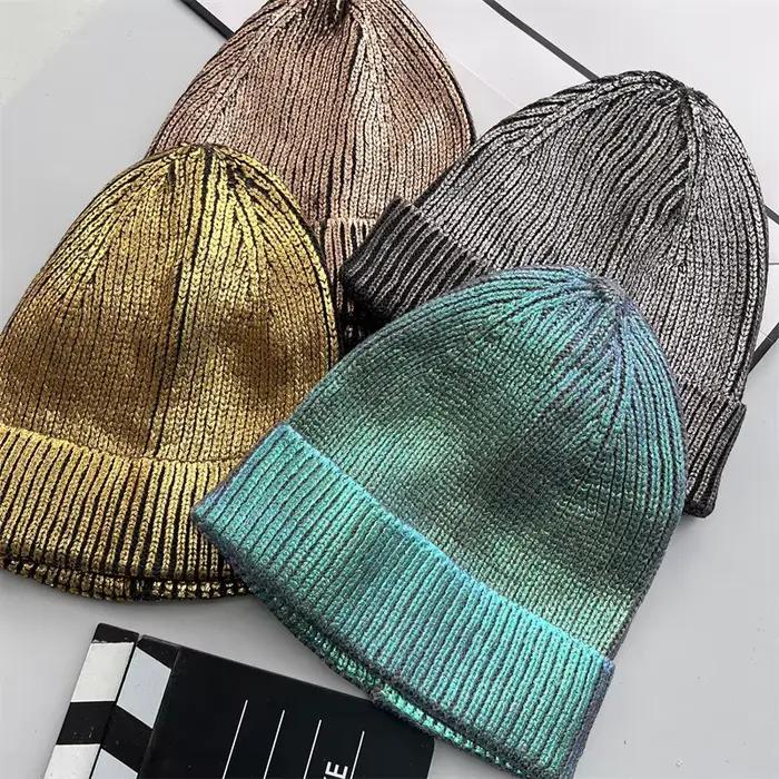 Chapeau tricoté holographique avec revêtement de couleur métallique pour hommes et femmes