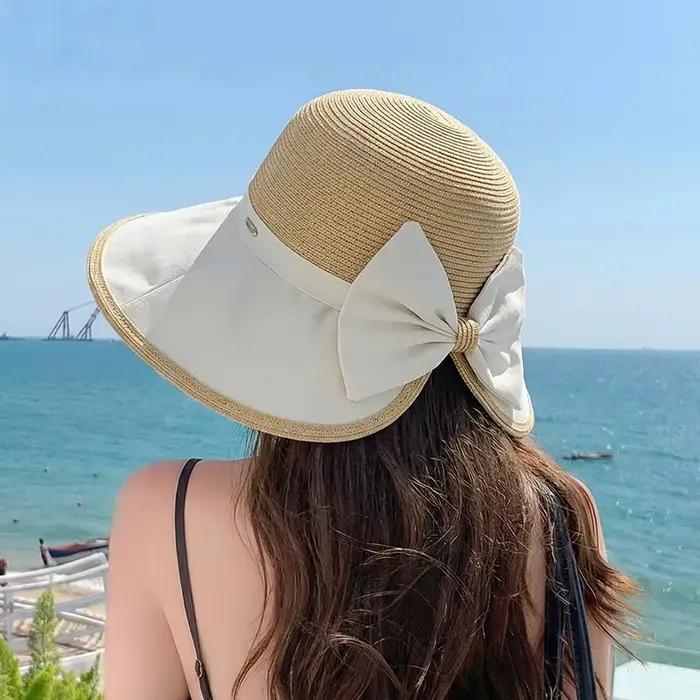 Chapeau de soleil en paille pour femme avec nœud