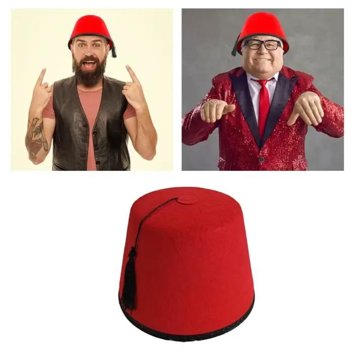 Chapeau Fez marocain rouge en polyester feutré pour homme style éthnique polyvalent toutes saisons occasions festives sorties en ville