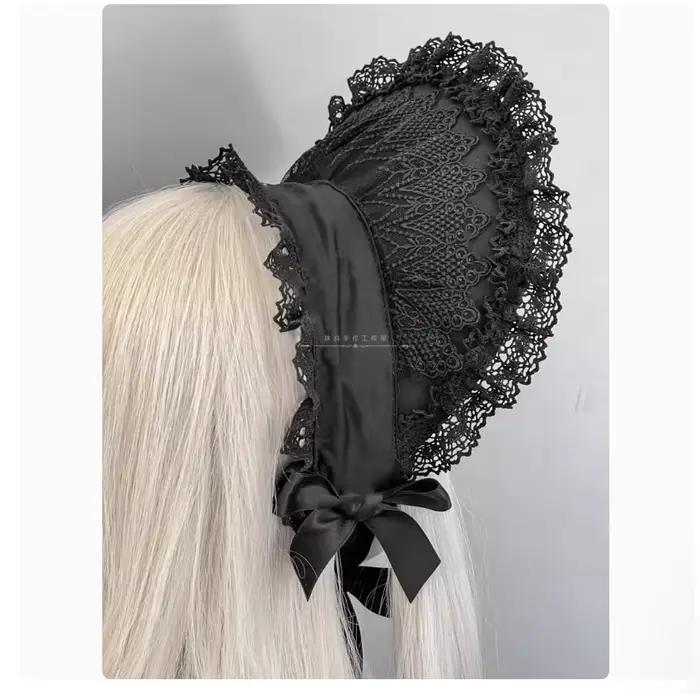 2025 Original fait à la main Lolita noir dentelle Bonnet foncé Style gothique Bnt Vintage princesse chapeau de soleil femme doux fil bord chapeaux