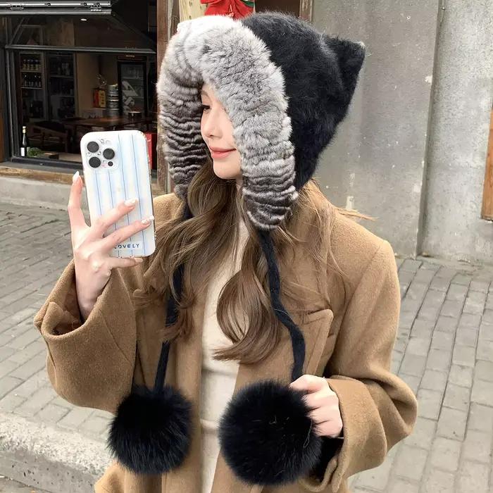 Chinchilla couleur véritable Rex fourrure de lapin Bomber casquette avec pompon de renard épais tricoté chaud oreille