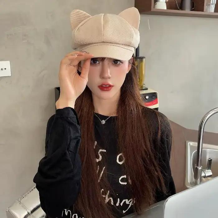 Béret femmes mignon chat oreille doux octogonal chapeaux