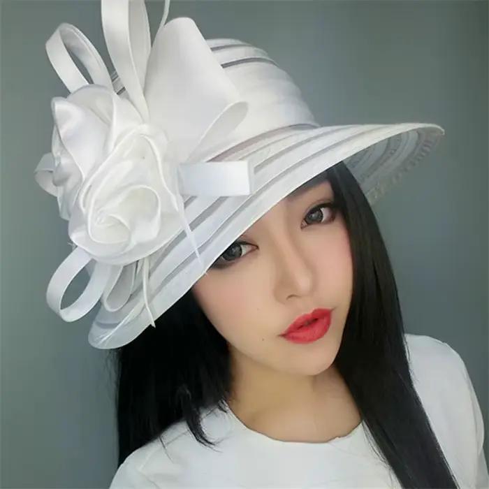 Nouveau Chapeau Derby de Tri Satiné Polyester Pour Femmes Large Bord Protection Solaire Mode Printemps Été Voyage Occasionnels Cadeau Chic