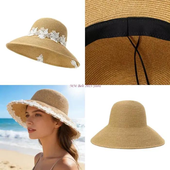 Chapeau en raphia à larges bords à mode 49ME avec design en dentelle complexe
