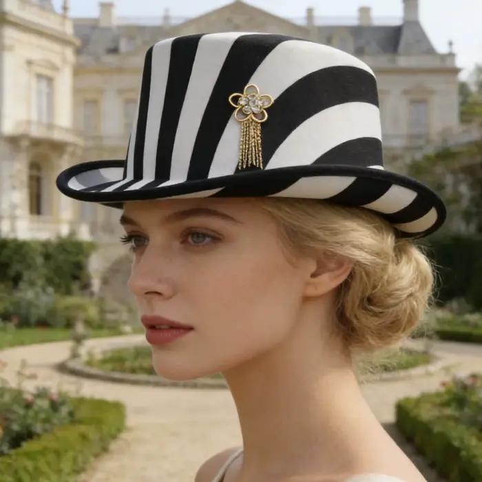 Chapeau de magicien à rayures noires et blanches avec pompon floral