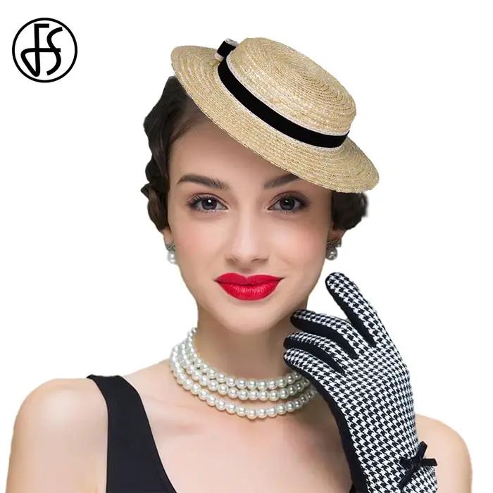 FS chapeau de paille à dessus plat avec velours et ruban au Crochet nœud à bord court Cocktail thé casquette de fête chapeaux fascinateurs pour les femmes 2025