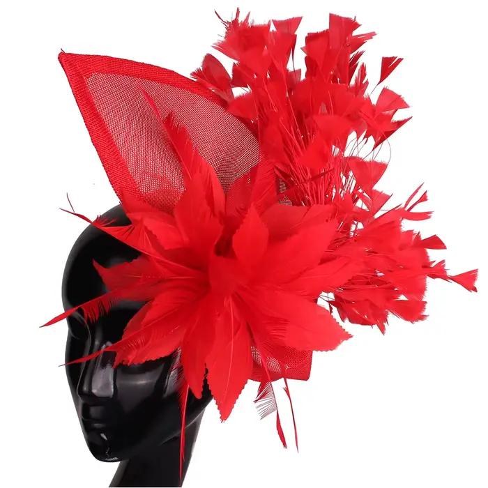Chapeau bibi rouge vintage style Derby avec grandes plumes rouges pour femmes