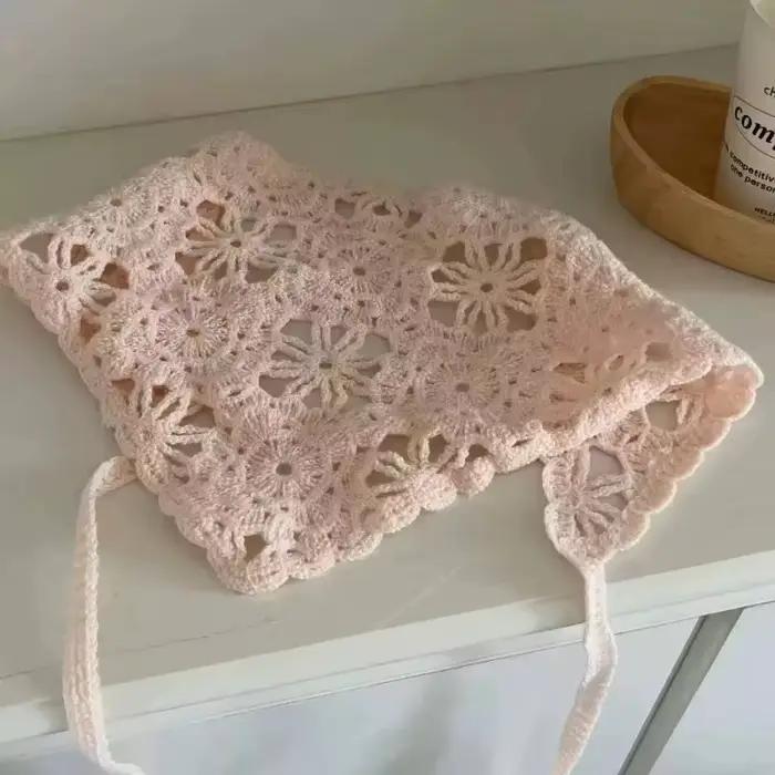 Mode tricoté foulard chapeau français Style pastorale Triangle bandeau à la main Crochet