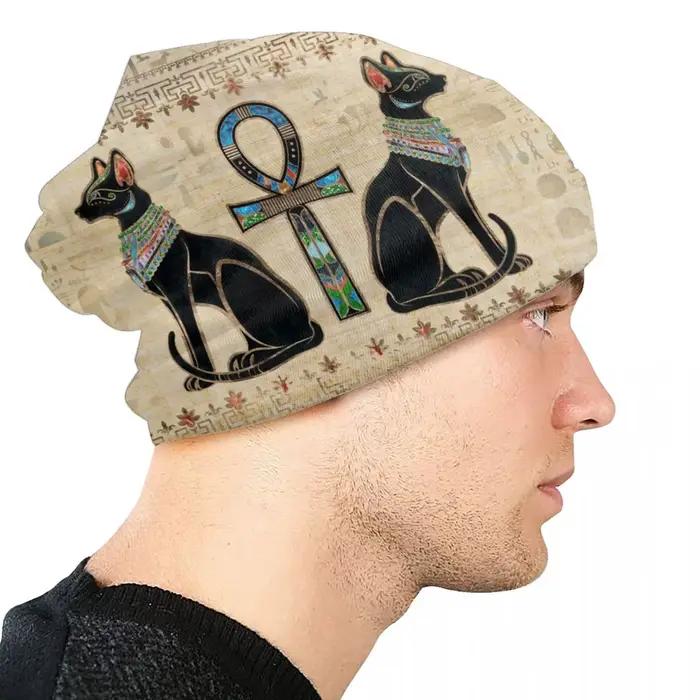 Personnalisé chats égyptiens et Ankh croix Bonnet chapeaux Hip Hop tricot chapeau hommes femmes chaud hiver ancien egypte Skullies bonnets casquettes