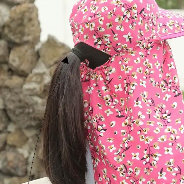 Chapeau de soleil floral pour femme avec masque de protection solaire intégré