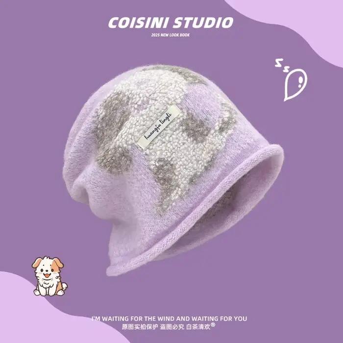 Mignon dessin animé chiot Jacquard tricoté Pile chapeaux femmes hiver voyage chaud Protection des oreilles polyvalent montrer visage petits bonnets littéraires